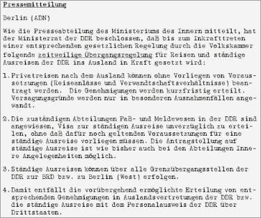 »Pressemitteilung der ADN-Nachrichtenagentur (DDR) zur Erleichterung der Reisemöglichkeiten für DDR-Bürger«, 9. November 1989
