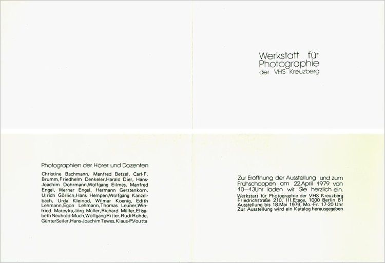 Einladungskarte »Werkstatt für Photografie« zur Ausstellung der Hörer und Dozenten, 1979
